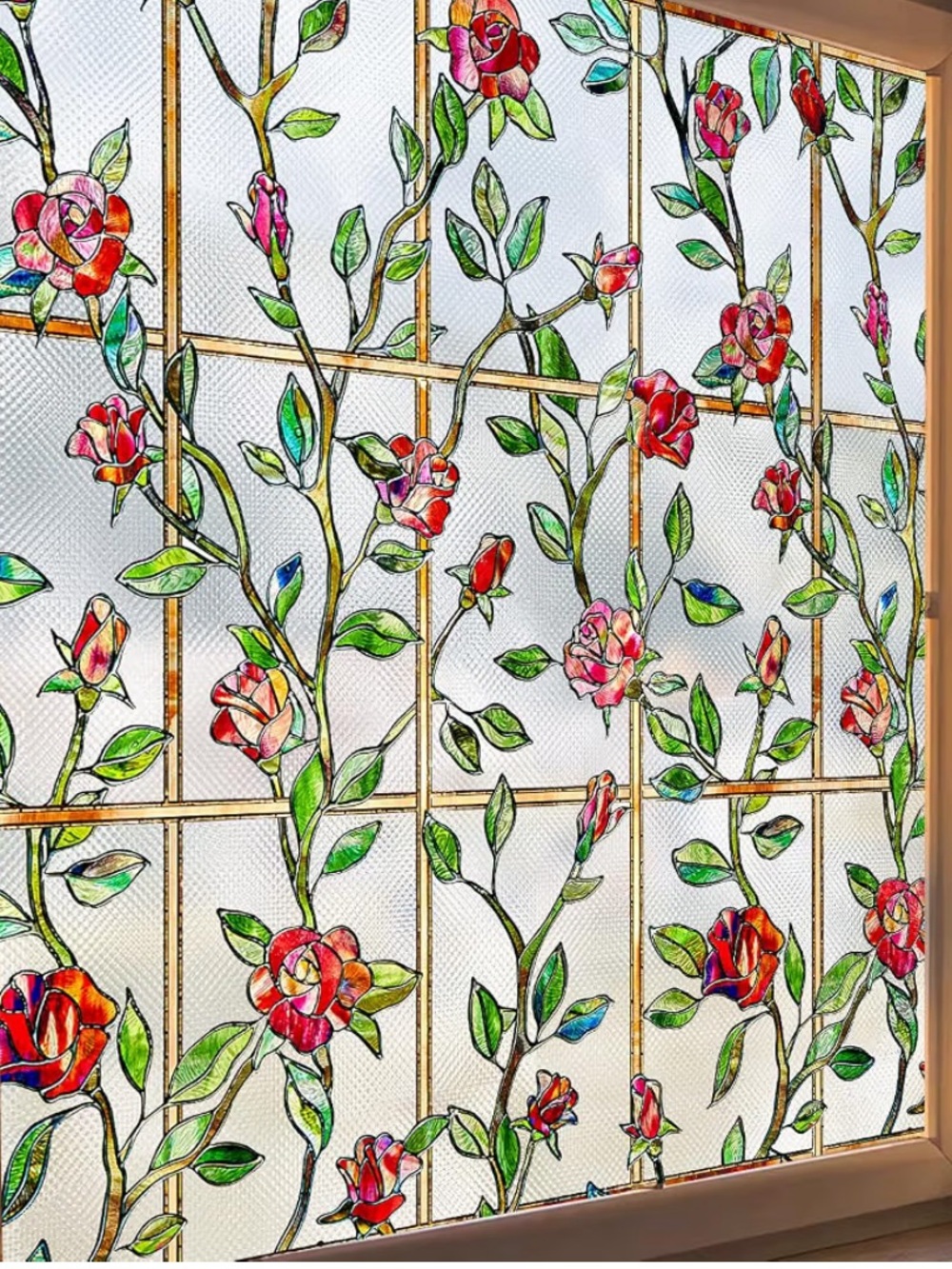 Rose Stained-Glass Window Film – Red & Green Floral Privacy Cling